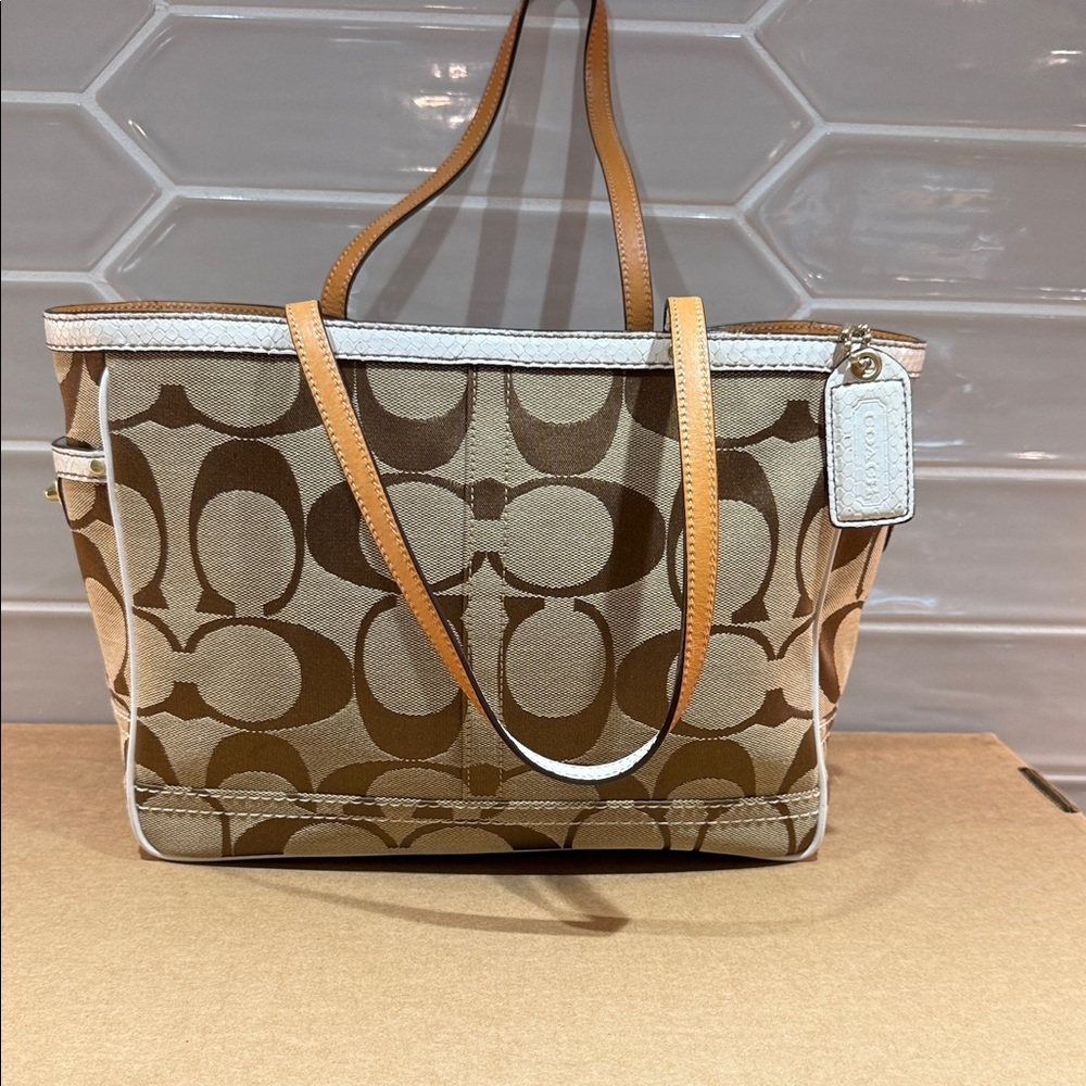 Coach Jacquard Tote Khaki White Python Trim Nearly Perfect Condition!